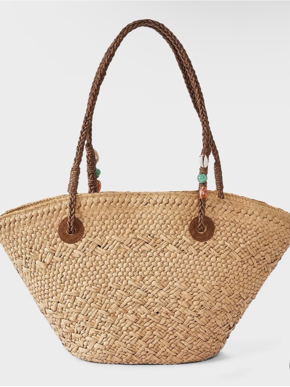 A New Day Hand Woven Straw Bead Strap Fan Tote Bag
